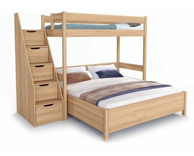 Poschodová posteľ s manželskou posteľou so schodmi a s úložným priestorom JUNIOR 15, masív buk 