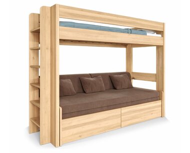 Poschodová posteľ JUNIOR s rozkladacou POHOVKOU, ĽAVÁ, masív buk