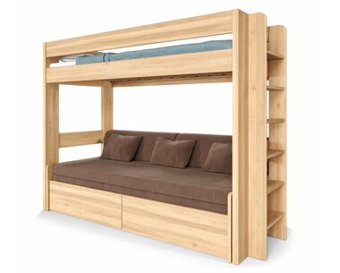 Poschodová posteľ JUNIOR s rozkladacou POHOVKOU, PRAVÁ, masív buk