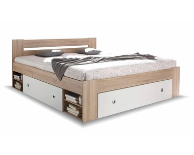 Vyvýšená posteľ s úložným priestorom NEPOLI 160x200cm,  dub sonoma-biela