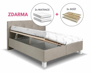 Čalúnená posteľ dvojlôžko Nero, s roštami, matracmi a úložným priestorom - pohľad č. 1