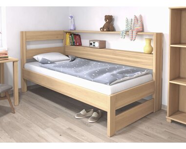 Posteľ jednolôžko z masívu Ela s policami, Ľavá, masív buk Posteľ jednolôžko z masívu Ela s policami, Ľavá, masív buk