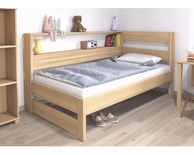 Posteľ jednolôžko z masívu Ela s policami, Pravá, masív buk Posteľ jednolôžko z masívu Ela s policami, Pravá, masív buk