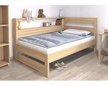 Posteľ jednolôžko z masívu Ela s policami, Ľavá, 140x200cm, masív buk Posteľ jednolôžko z masívu Ela s policami, Ľavá, 140x200cm, masív buk