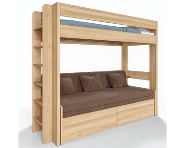 Poschodová posteľ JUNIOR s rozkladacou POHOVKOU, ĽAVÁ, masív buk