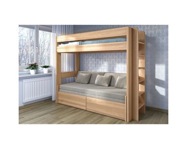 Poschodová posteľ JUNIOR s rozkladacou POHOVKOU, PRAVÁ, masív buk