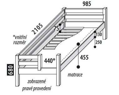 Detská posteľ jednolôžko DOMINO so zábranou, delené čelo D101, masív buk Detská posteľ jednolôžko DOMINO so zábranou, delené čelo D101, masív buk