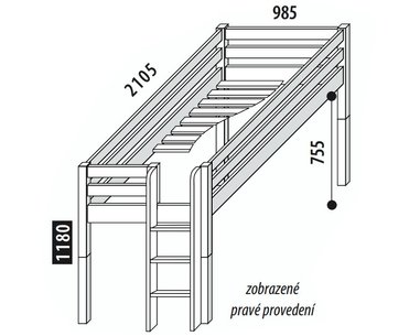 Zvýšené jednolôžko - posteľ DOMINO D905 s čelným vstupom, masív smrek Zvýšené jednolôžko - posteľ DOMINO D905 s čelným vstupom, masív smrek