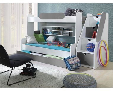 Detská poschodová posteľ so zábranou a úložným priestorom Sagi, lamino