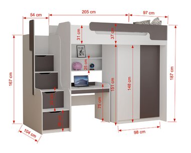Multifunkčná poschodová posteľ Dori - rozmery