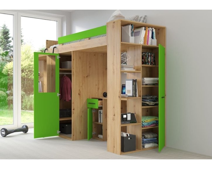 posteľ Vera - Pravá, lamino dub artisan zelená pohľad do skrine posteľ Vera - Pravá, lamino dub artisan zelená pohľad do skrine