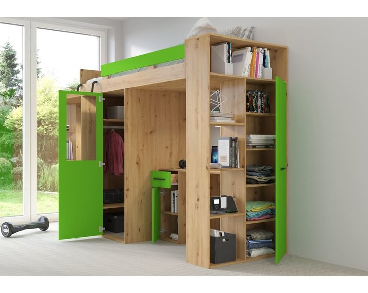 posteľ Vera - Ľavá, lamino dub artisan - zelená pohľad do skrine posteľ Vera - Ľavá, lamino dub artisan - zelená pohľad do skrine