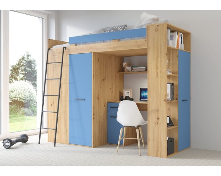 Multifunkčná poschodová posteľ Vera - Ľavá, lamino dub artisan - modrá Multifunkčná poschodová posteľ Vera - Ľavá, lamino dub artisan - modrá