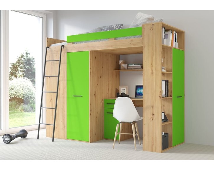 Multifunkčná poschodová posteľ Vera - Ľavá, lamino dub artisan - zelená Multifunkčná poschodová posteľ Vera - Ľavá, lamino dub artisan - zelená
