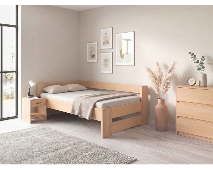 Rohová drevená posteľ MIVA, 120x200, masív buk