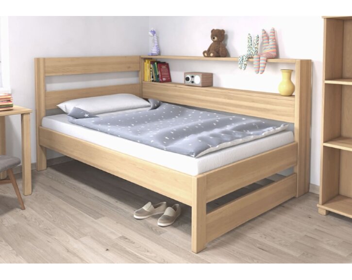 Posteľ jednolôžko z masívu Ela s policami, Ľavá, 140x200cm, masív buk