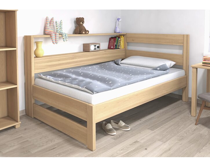 Posteľ jednolôžko z masívu Ela s policami, Ľavá, 140x200cm, masív buk
