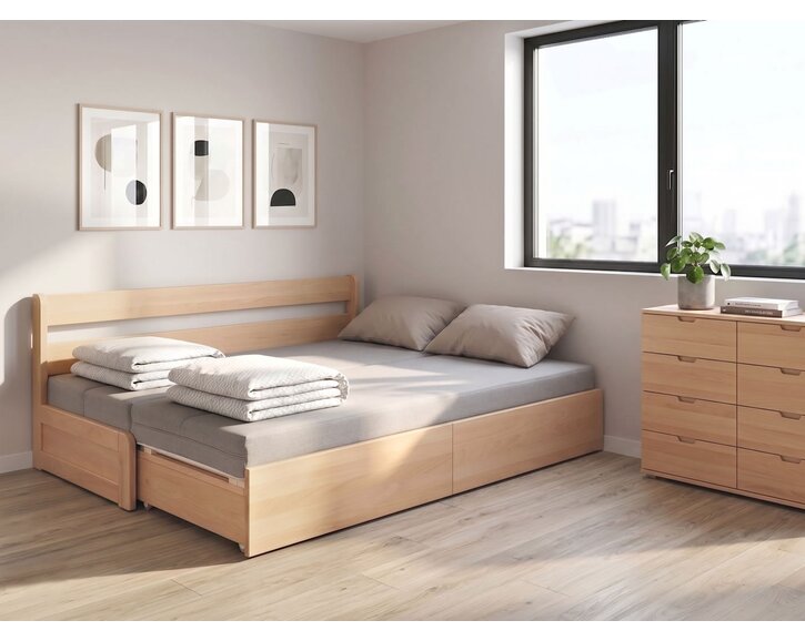 Rozkladacia posteľ s úložným priestorom FLEXO - Pravá, masív buk