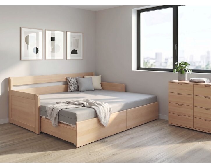 Rozkladacia posteľ s úložným priestorom FLEXO - Pravá, masív buk