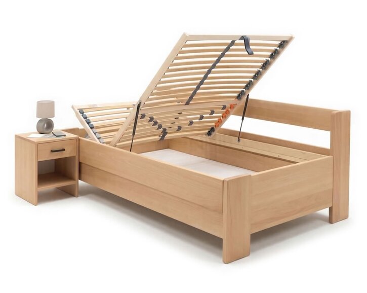 Zvýšená buková posteľ s roštom MIVA s bočným čelom, 90x200