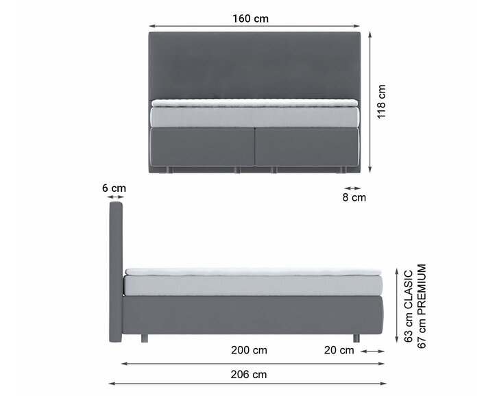 Rozmery - zvýšená posteľ boxspring Sevila 4