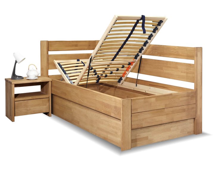 Rohová vyvýšená posteľ jednolôžko s úložným priestorom Academia, masív buk, Pravá