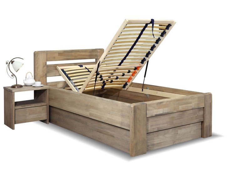Zvýšená posteľ jednolôžko s úložným priestorom Primátor, masív buk