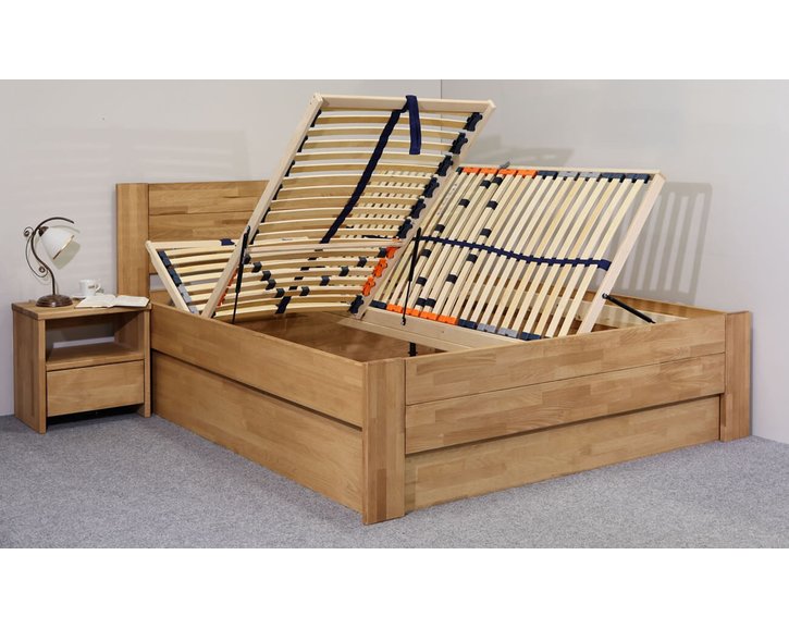 Zvýšená posteľ dvojlôžko s úložným priestorom Trinity 2, masív buk