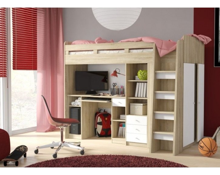 Poschodová posteľ so skriňou, knižnicou a stolom UNITA, dub sonoma/biela