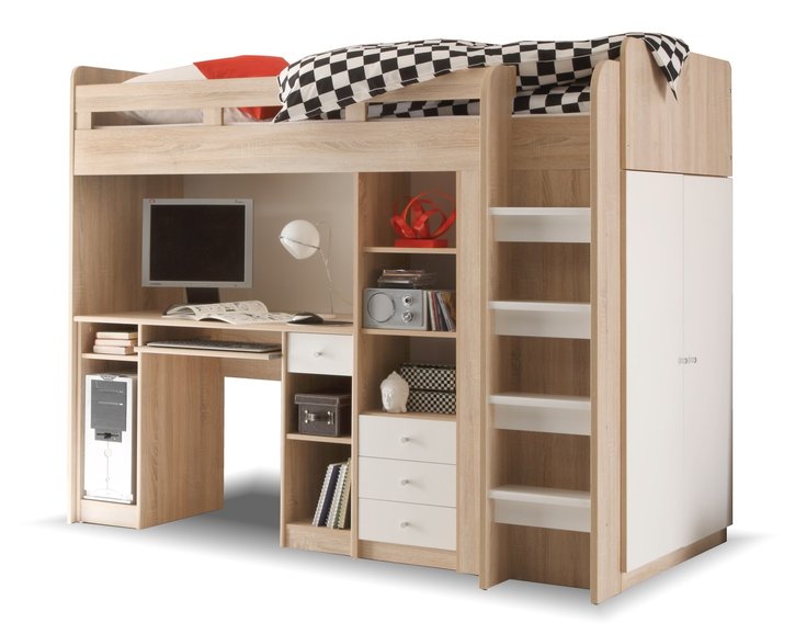 Poschodová posteľ so skriňou, knižnicou a stolom UNITA, dub sonoma/biela, PRAVÁ
