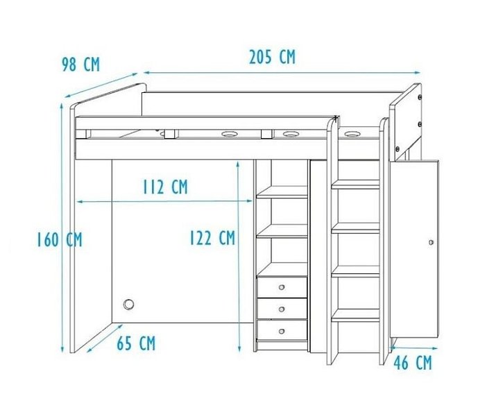 Poschodová posteľ so skriňou, knižnicou a stolom UNITA, dub sonoma/biela