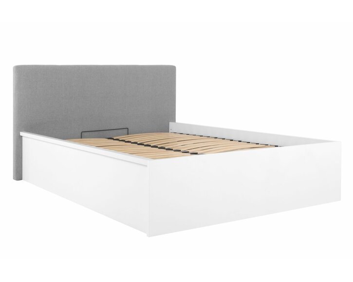 Posteľ dvojlôžko s úložným priestorom a roštom TETRIS 160x200, biela lesk - šedé celočalúnené čelo