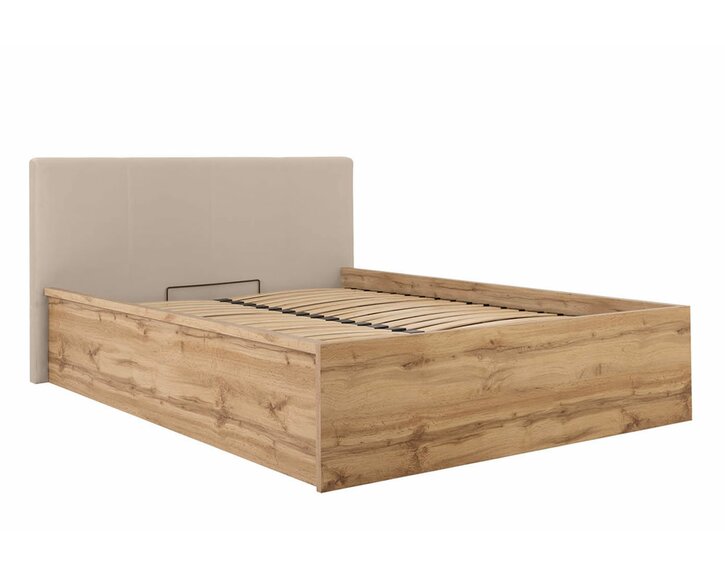 Posteľ s roštom a úložným priestorom Tetris, dub wotan - béžové celočalúnené čelo