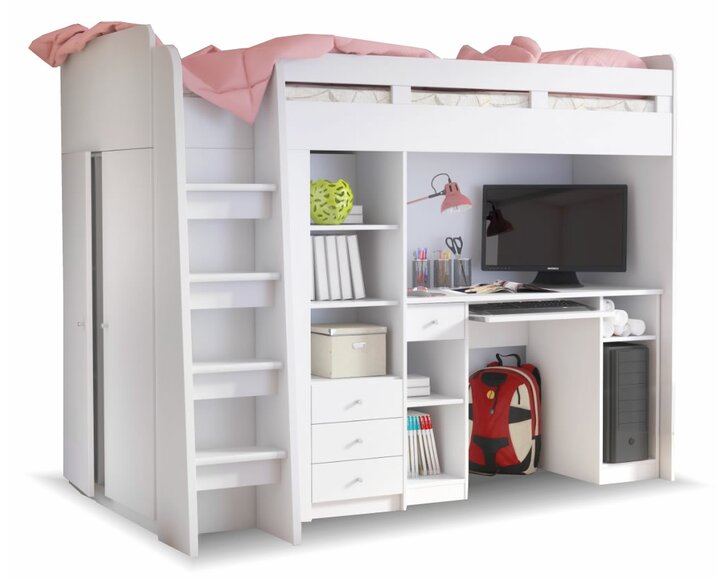Poschodová posteľ so skriňou, knižnicou a stolom UNITA, biela