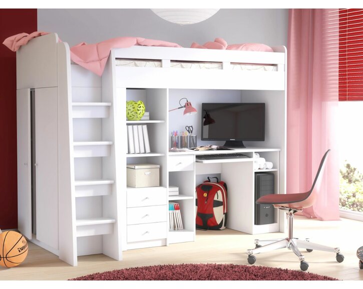 Poschodová posteľ so skriňou, knižnicou a stolom UNITA, biela