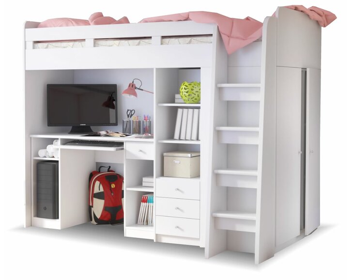 Poschodová posteľ so skriňou, knižnicou a stolom UNITA, biela