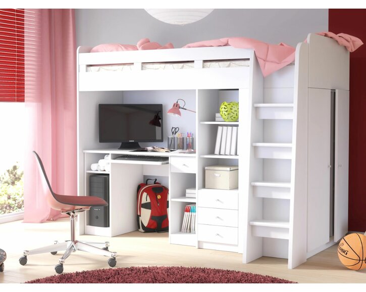 Poschodová posteľ so skriňou, knižnicou a stolom UNITA, biela