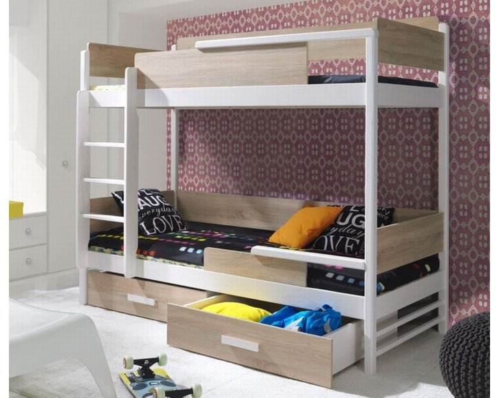 Detská poschodová posteľ so zábranou a úložným priestorom TEREZA, masív borovica