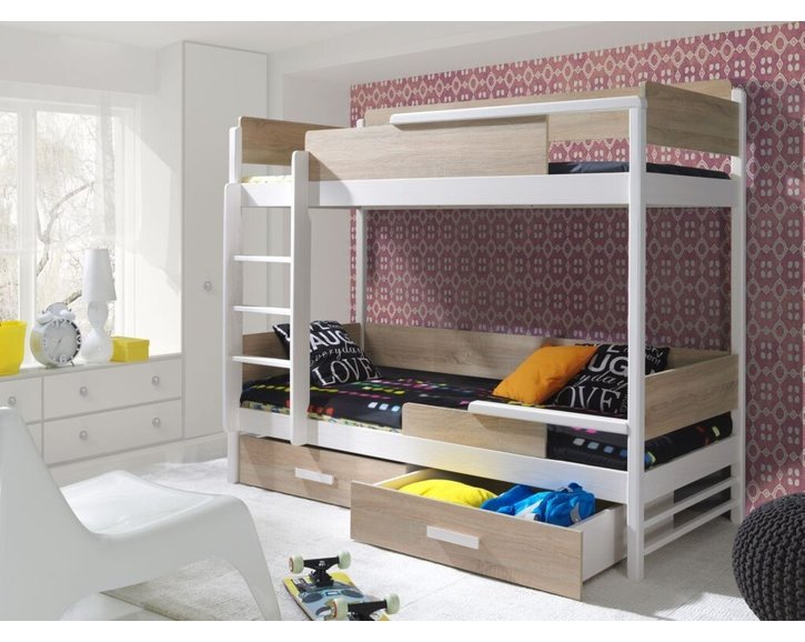 Detská poschodová posteľ so zábranou a úložným priestorom TEREZA, masív borovica