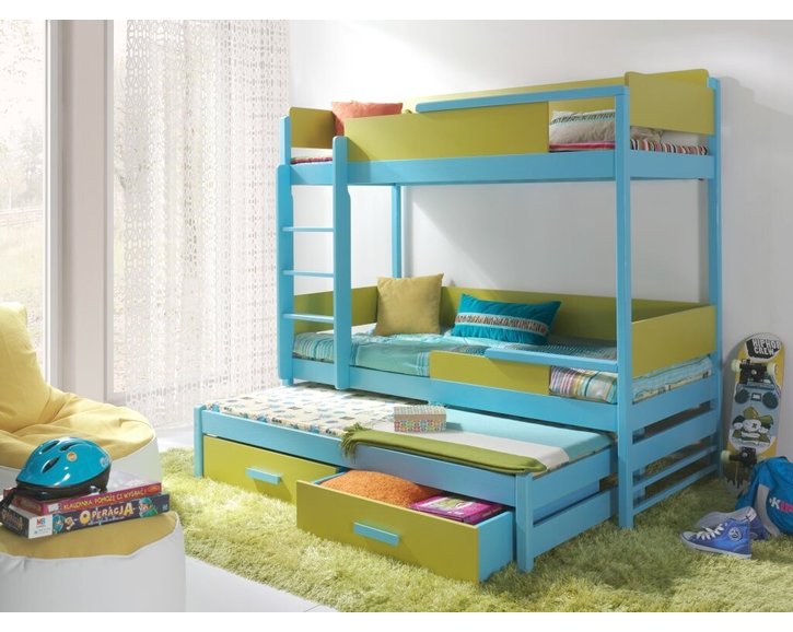 Poschodová posteľ s prístelkou a úložným priestorom pre 3 deti KVIDO, masív borovica