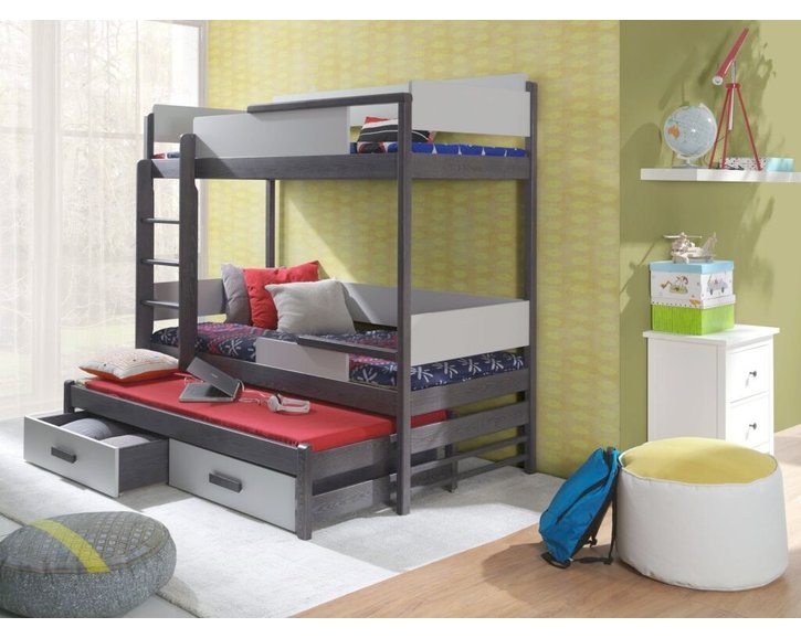 Poschodová posteľ s prístelkou a úložným priestorom pre 3 deti KVIDO, masív borovica