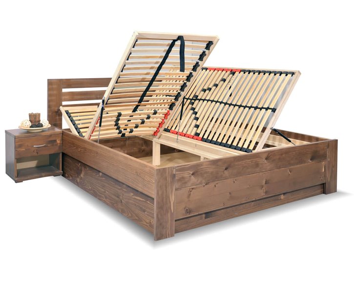 Zvýšená posteľ dvojlôžko s úložným priestorom RITA, masív smrek