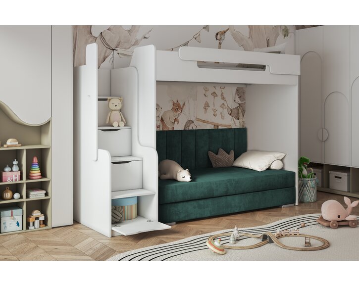 Multifunkčná poschodová posteľ Dori s hornou posteľou a čalúnenou posteľou, lamino biela Multifunkčná poschodová posteľ Dori s hornou posteľou a čalúnenou posteľou, lamino biela