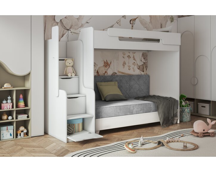 Multifunkčná poschodová posteľ Dori s hornou posteľou a čalúnenou posteľou, lamino biela Multifunkčná poschodová posteľ Dori s hornou posteľou a čalúnenou posteľou, lamino biela