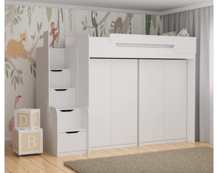 Multifunkčná poschodová posteľ Dori so spodnou posteľou a skriňou, lamino biela