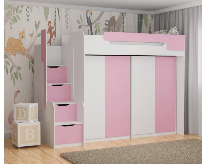 Multifunkčná poschodová posteľ Dori so spodnou posteľou a skriňou, lamino biela/ružová