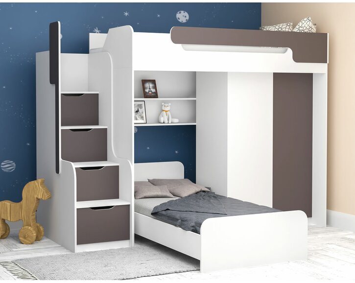 Multifunkčná poschodová posteľ Dori so spodnou posteľou a skriňou, lamino biela/grafit Multifunkčná poschodová posteľ Dori so spodnou posteľou a skriňou, lamino biela/grafit