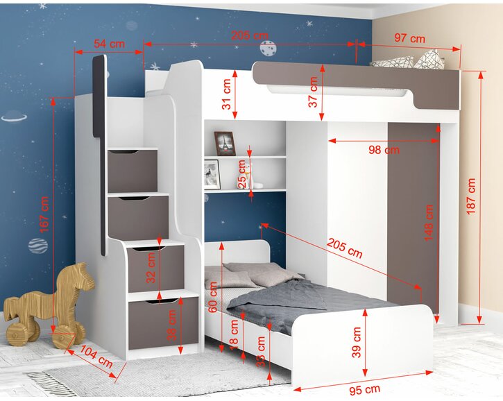 Multifunkčná poschodová posteľ Dori - rozmery Multifunkčná poschodová posteľ Dori - rozmery