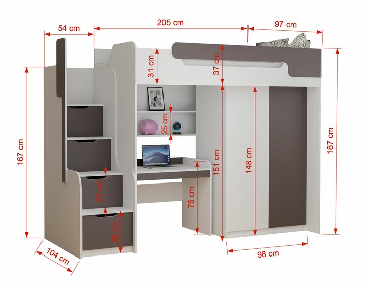 Multifunkčná poschodová posteľ Dori - rozmery Multifunkčná poschodová posteľ Dori - rozmery