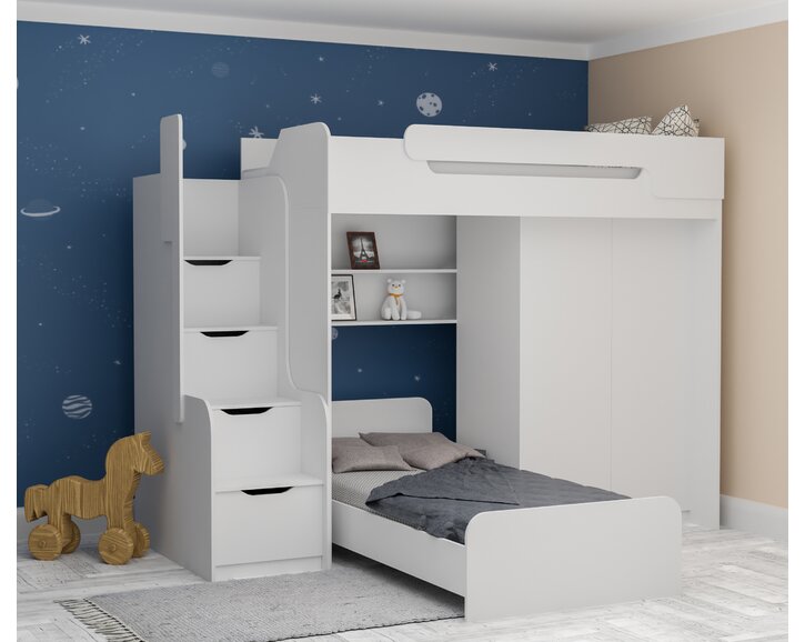 Multifunkčná poschodová posteľ Dori so spodnou posteľou a skriňou, lamino biela Multifunkčná poschodová posteľ Dori so spodnou posteľou a skriňou, lamino biela